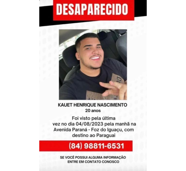 Jovem potiguar está desaparecido há três dias após viajar para o Paraguai