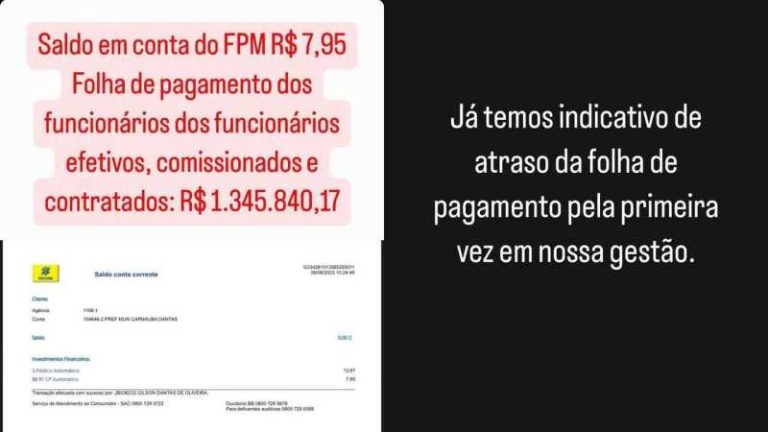 À véspera de pagar o funcionalismo, prefeito seridoense fala em atrasar salários e mostra saldo na conta da prefeitura: R$ 7,95