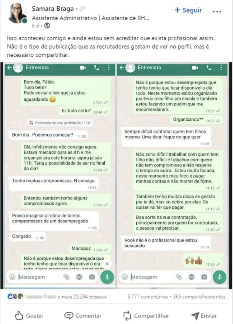 Mulher relata discriminação em entrevista de emprego e conversa com recrutador repercute na web: ‘Difícil contratar quem tem filhos’