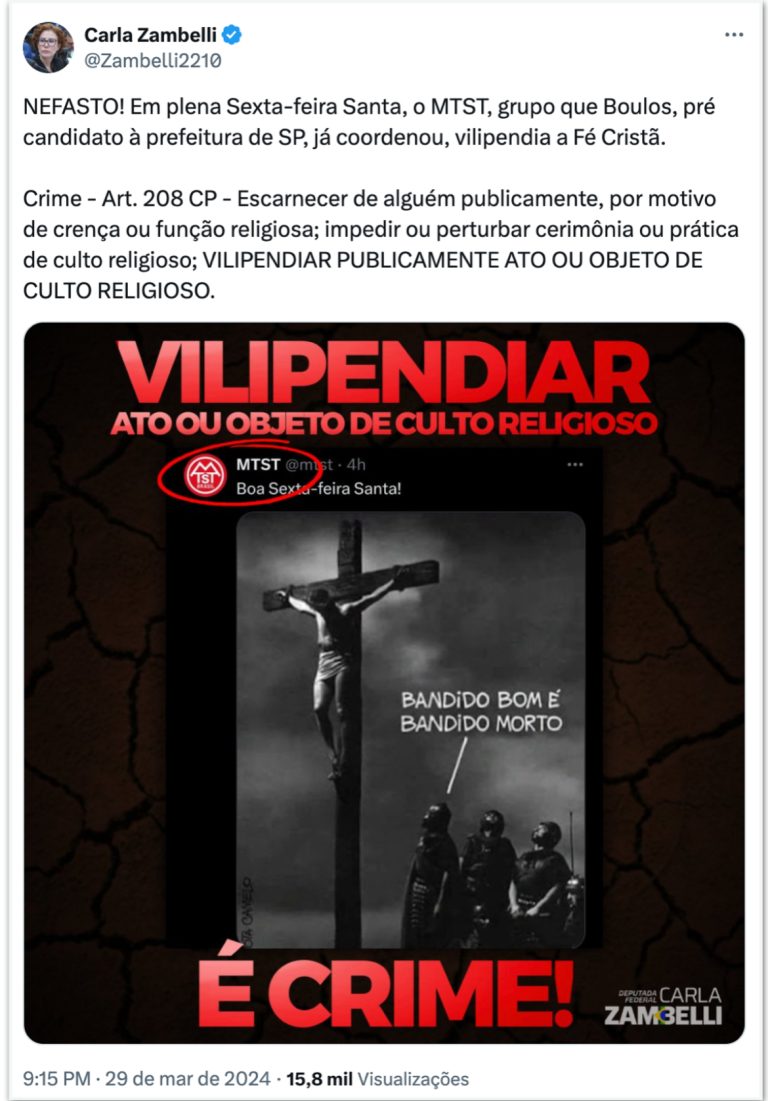 Políticos criticam post do MTST com Jesus e frase sobre bandido