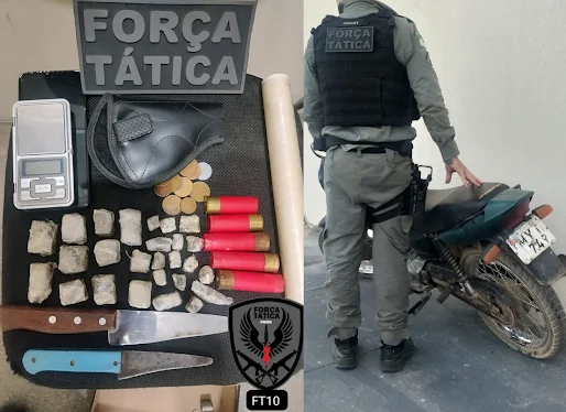Polícia militar apreende drogas na zona rural de Assú. Uma moto roubada com placa de Campo Grande foi recuperada