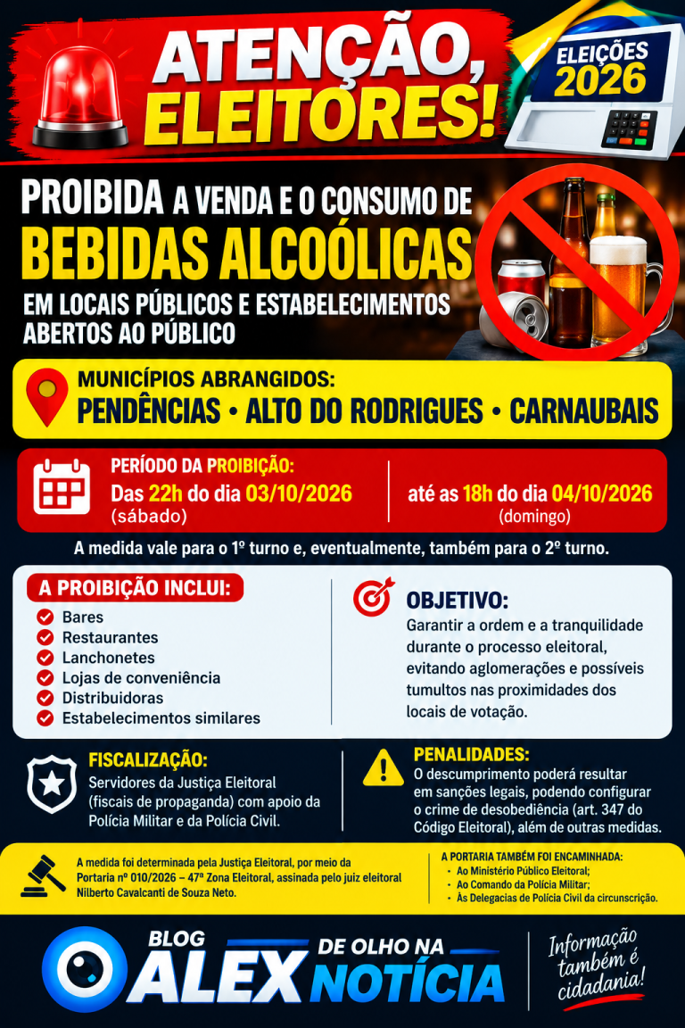 🚨 ELEIÇÕES 2026: JUSTIÇA ELEITORAL PROÍBE VENDA E CONSUMO DE BEBIDAS ALCOÓLICAS EM TRÊS MUNICÍPIOS DO RN