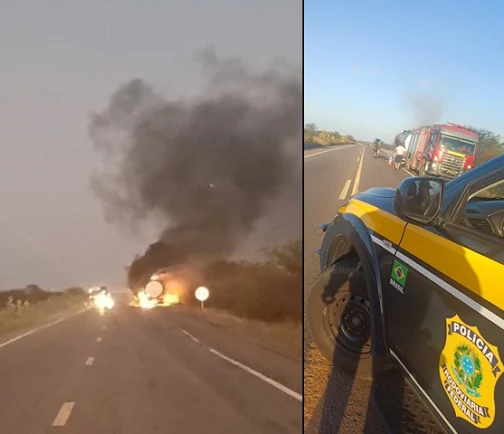 Caminhão-tanque pega fogo e provoca interdição da BR-304 em Angicos na manhã desta quarta-feira (14)