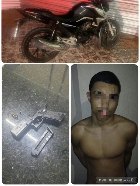 Suspeito é preso com moto roubada e simulacro após perseguição
